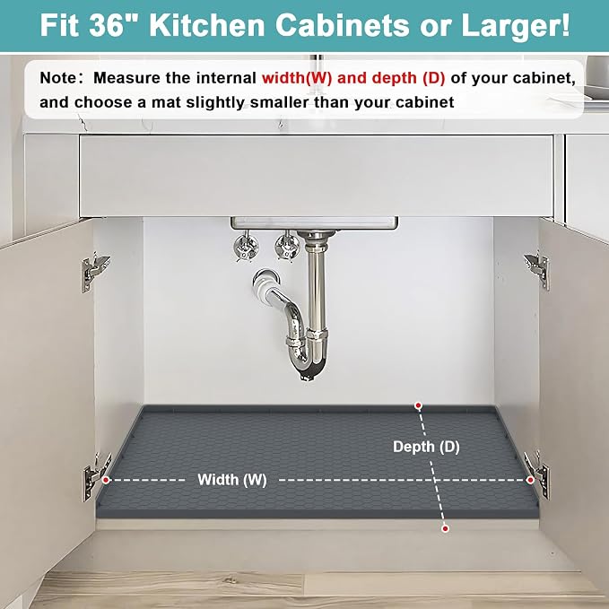 Under Sink Mats for Kitchen Waterproof 34" x 22", Silicone Under Kitchen Sink Mats and Protectors for 36" Cabinet, Under Sink Tray Organizer, Shelf Liners Cabinet Liner for Kitchen and Bathroom, Gray