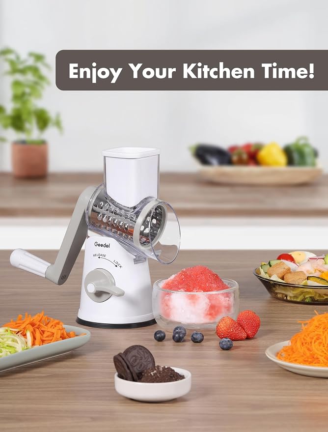 Geedel Rotary Cheese Grater Hand Crank, Cheese Shredder Vegetable Slicer | 5 Blades, 430 Stainless Steel, 12x Fast Cutting, Strong Suction Base, No BPA, Dishwasher Safe, for Cheese, Veggie, Nut