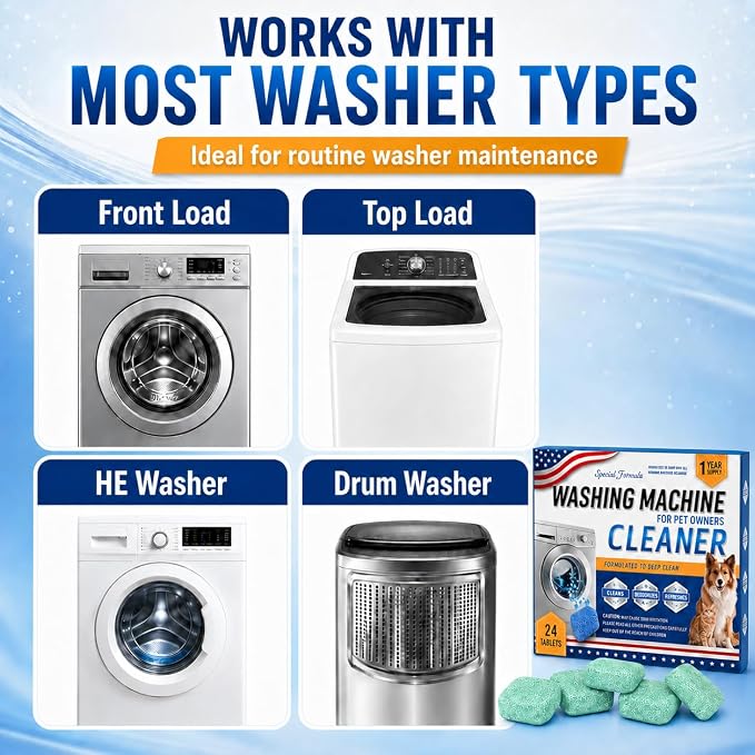 24 Pack Washing Machine Cleaner Tablets – Special Formula for Pet Owners, Remove Cat & Dog Hair, Dissolve Stubborn Dirt, Eliminate Pet Odor, Compatible with Top & Front Load, HE Washers, 1 Year Supply
