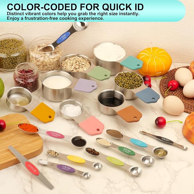 Magnetic Measuring Cups and Spoons Set of 16, 7 Stainless Steel Measuring Cups, 8 Double-Sided Measuring Spoons with 1 Leveler, Color Coded Handles, Dual Markings for Dry and Liquid Ingredients