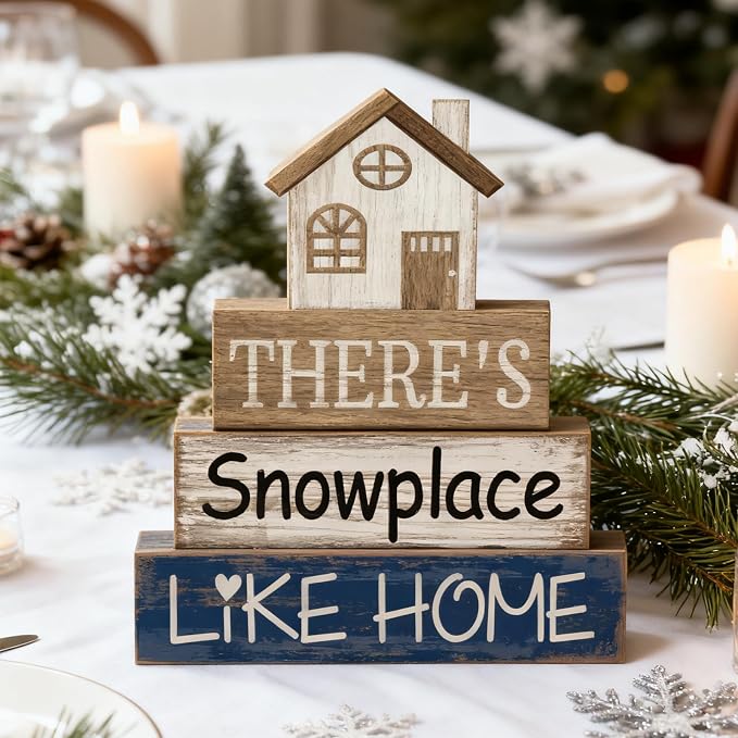 Lineshading 4 Pcs Wood Block Signs Farmhouse Tiered Tray Stacked House | Rustic Tabletop Signs with Winter Sentiment, Stackable for Shelf or Mantel, Seasonal Home Accent, Distressed Finish