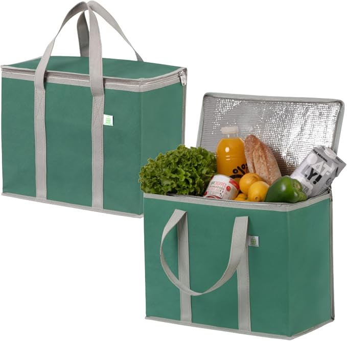 VENO 2 Pack Cooler Bag Insulated Grocery Bags for Food Delivery Heavy Duty | Large Collapsible Cooler, Reusable Shopping Tote with Zippers, Foldable, Stands Upright, for Picnic Camping (Green, 2 Pack)