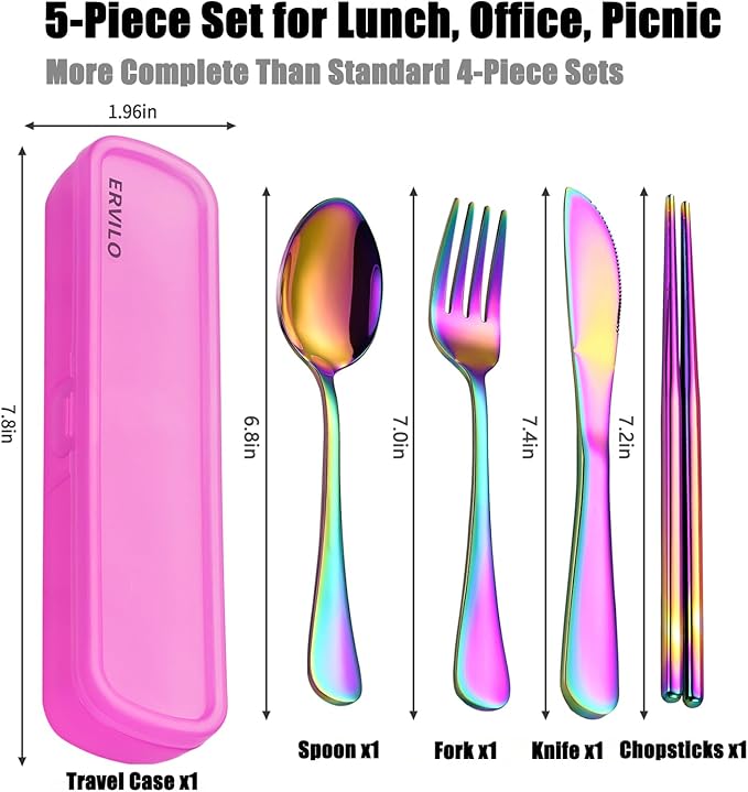 Travel Utensils with Case, Stainless Steel Portable Cutlery Set, Lunch Box Silverware for Work Camping Picnic, Reinforced Case with Snap-Lock Closure, Include Fork Spoon Knife Chopsticks, Rainbow
