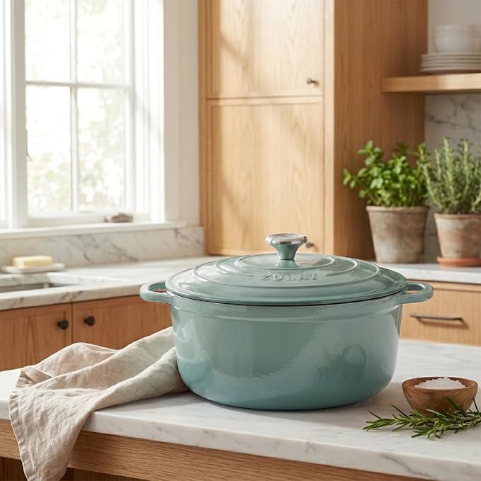 Zulay Kitchen 6.4QT Enameled Cast Iron Dutch Oven Pot with Lid, Heavy-Duty Soup Pot for Stews, Braising, Roasting & Sourdough Bread Baking, Oven Safe up to 500°F - Aventurine