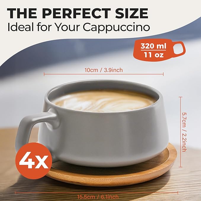 MIAMIO - Cappuccino Cup Set of 4, Ceramic (9.5oz) - Luxe (Classic Pastel) | Ceramic cappuccino cups and saucers, wide latte cups and mugs for Americano, 4-piece set of ceramic cups - dishwasher safe
