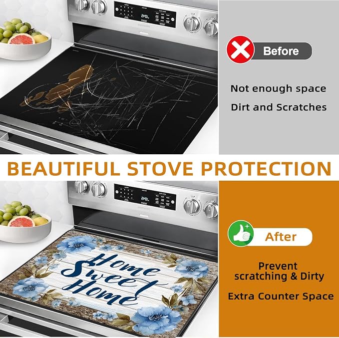 Vintage Wood Grain Stove Top Covers for Electric Stove - Home Sweet Home - Electric Stove Top Cover Protector,Retro Floral Stove Mat Protector,Heat Resistant Cooktop Stovetop Cover
