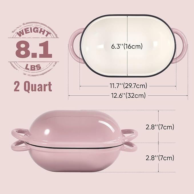 2 QT Oval Dutch Oven for Bread Baking,Enamelled Cast Iron Bread Oven for Sourdough, Sourdough Loaf Pan with Lid, Heavy-Duty Non Stick Bread Pan for Homemade Bread Baking, Pink