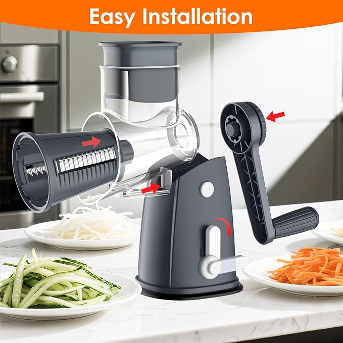 MealHelper 5 Blade Rotary Cheese Grater Hand Crank with Storage Box, Vegetable Chopper, Cheese Shredder for Cheeses, Veggies, Nuts - Easy to Use, Non-slip Suction Base, Gray
