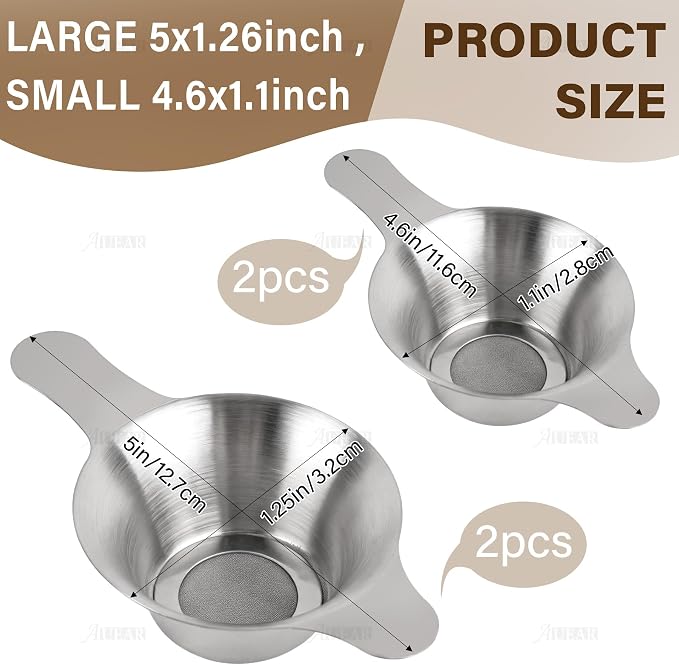 AUEAR, 4 Pack Stainless Steel Tea Strainer Fine Mesh Infuser Funnel Different Size Leaf Filter with Double Handles for Coffee Flour Sugar