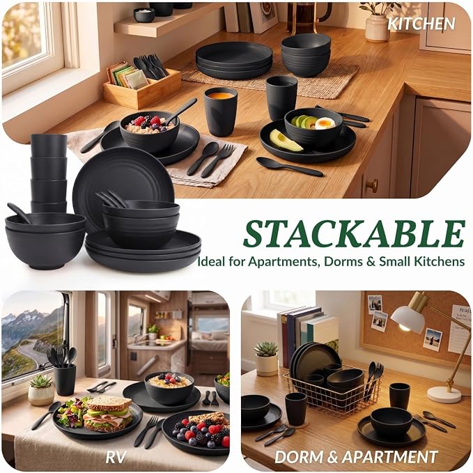 Wheat Straw Dinnerware Sets, Homienly 20pcs Unbreakable Microwave Dishwasher Safe Tableware Lightweight Bowls, Cups, Plates Set Reusable Dinner Plates Bowls set (Matte Black)