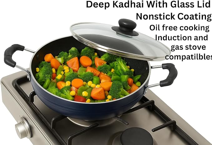Deep Kadhai Induction Base Non-Stick Kadai with Glass Lid Non Stick Frying Pan Wok Flat Bottom Non Stick All Purpose Pan Non-Stick Aluminium Kadhai Deep Fry Pan (240mm) 2.2Ltr