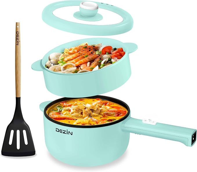 Dezin 2L Hot Pot Electric, Non-Stick Electric Pan, 700W Adjustable Power | Electric Pot for Cooking/Steak/Egg/Fried Rice/Ramen/Soup, Portable Pot for Dorm/RV/Family/Travel/Camping, Include Spatula