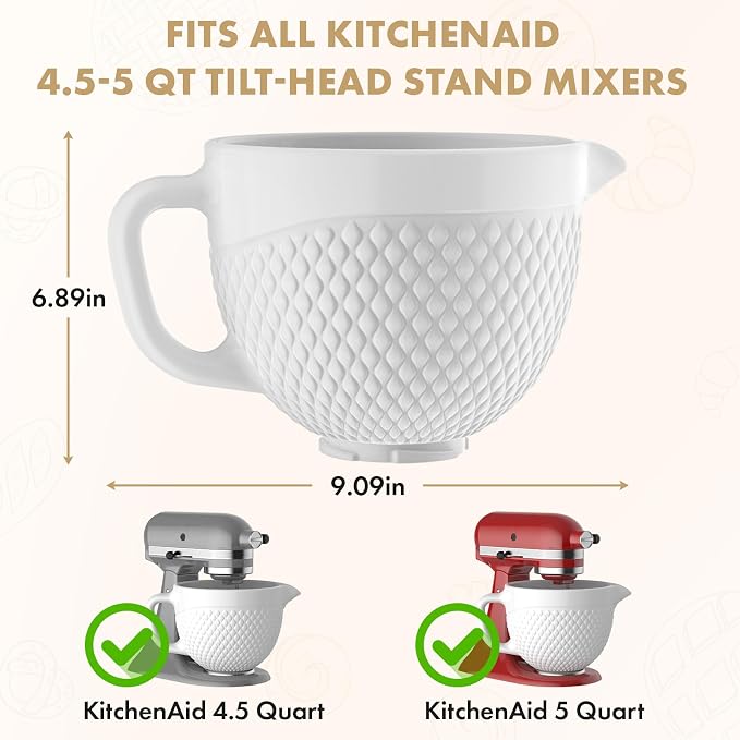 HOZODO Ceramic Mixer Bowl for KitchenAid Tilt-Head Stand Mixers, 5-Qt | Fits All 4.5-5-Qt Mixers, Mixing Bowl with Handle, Kitchen Aid Accessories and Attachments