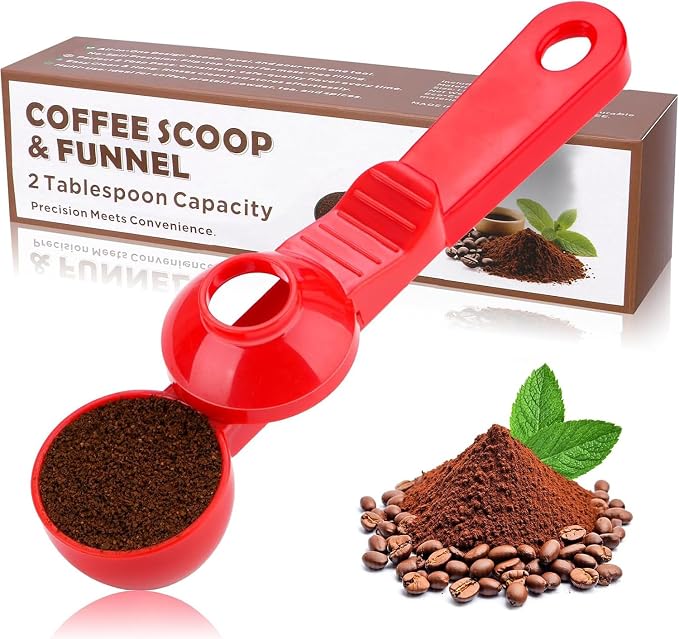 2-in-1 Coffee Scoop with Funnel, 2 Tbsp Measuring Spoon for Reusable K Cups, Ground Coffee, Protein Powder & Tea, Mess-Free Plastic Design（Red-1pack）