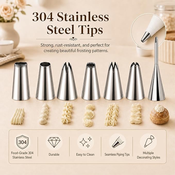 Reusable Piping Bags And Tips Set, 2 16-Inch Cotton Bags, 7 Tips | Stainless Steel Nozzles, 3 Silicone Ties, 2 Piping Tip Couplers, 3 Blue Scrapers, White Cleaning Brush, Piping Tip Guide