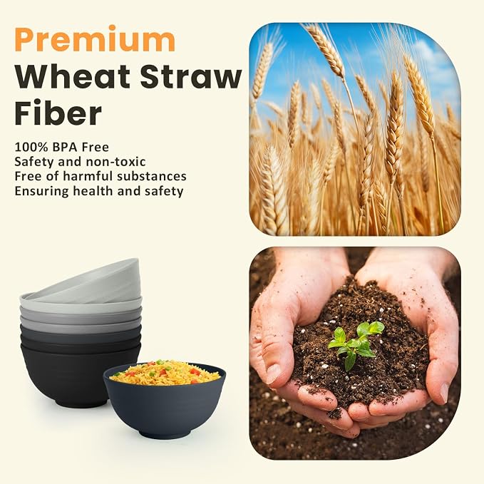 Cereal Bowl Set, Wheat Straw Fiber Unbreakable Lightweight Bowls Set (Grey Stone, 26 OZ)