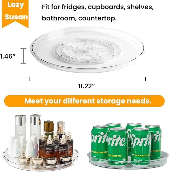 Clear Lazy Susan Organizer, Non-Skid Plastic 11" Lazy Susan Turntable for Cabinet Rotating Pantry Lazy Susan Cabinet Organizer, Storage Containers for Kitchen, Refrigerator Countertop
