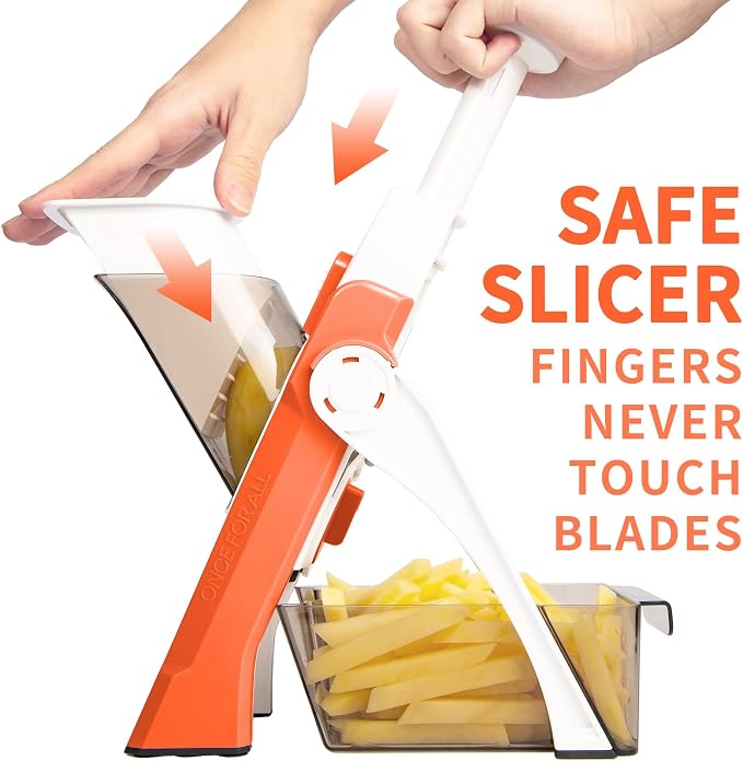 ONCE FOR ALL Mandoline Slicer for Kitchen, All in 1 Veggie Slicer, Orange | Adjustable Thickness, Potato Slicer Veggie Chopper, Strips Julienne Dicer, French Fry Cutter, Dishwasher Safe, Kitchen Gift