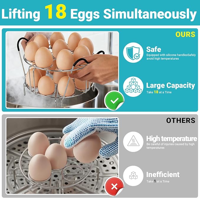 Stackable Egg Steamer Rack for Instant Pot 6Qt & 8Qt, 18 Egg Holder | Durable 304 Stainless Steel Construction, Heat-Resistant Handle, Steaming & Cooling Rack