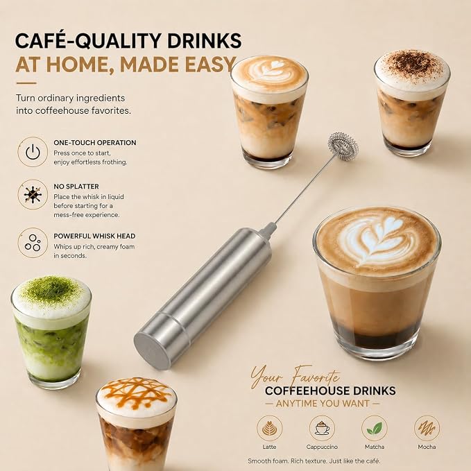 Milk Frother Handheld, Battery Operated Travel Coffee Frother Milk Foamer Drink Mixer with 2 Stainless Steel Whisks for Hot Chocolate, Batteries Included, Silver