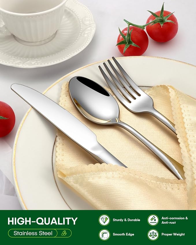 PHILIPALA 45 Piece Silverware Set with Serving Utensils, Stainless Steel Flatware Set for 8 Food Grade Novelty Flatware Cutlery Utensil Set Include Knife Fork Spoon Mirror Polished Dishwasher Safe