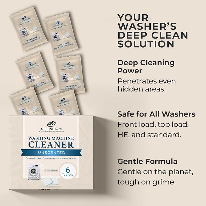 Washing Machine Cleaner Tablets – Deep Clean Washer Descale, Laundry Tub Cleaning Solution, Smell Fresh, Eliminates Buildup & Dirt, For Front & Top Load Washers, Easy-to-Use, 6 Pack, unscented