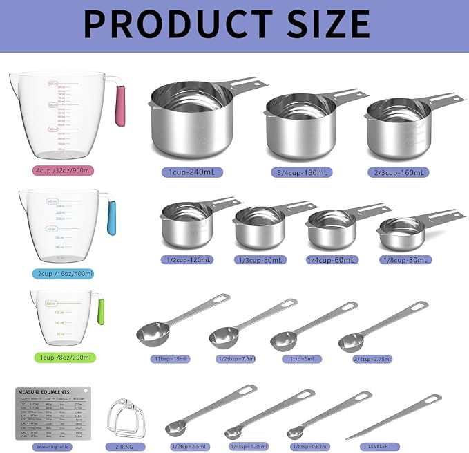 Stainless Steel Measuring Cups and Spoons Set, 6 Stainless Steel Measuring Cups, 7 Measuring Spoons & 1 Leveler, 3 Plastic Measuring Cup with 1 Measuring Conversion Chart