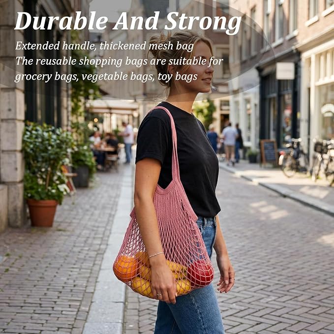 Mabor 2 Pcs Mesh Tote Bag, Reusable Foldable Cotton Mesh Grocery Produce Bag for Shopping, Lightweight Net Tote, Blue & Pink