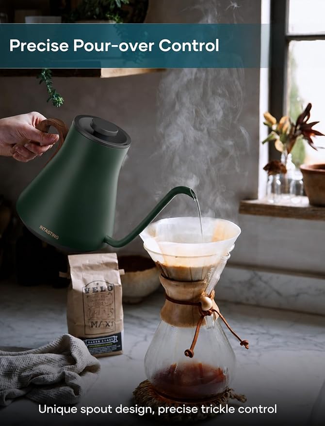 INTASTING Gooseneck Electric Kettle with 1℉ Temperature Control, 0.9 Liter | Fast Heating, Stainless Steel Interior, for Pour Over Coffee, Tea & Boiling Water, Keep Warm, Auto Shut-Off, Hunter Green