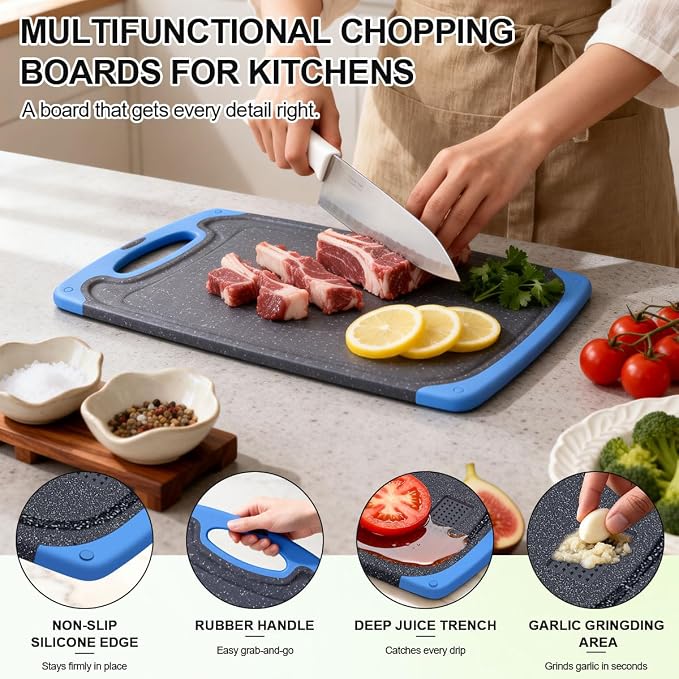 Viretang Non Slip Cutting Board Set For Kitchen, 3 Pieces, Dishwasher Safe | Blue Plastic Chopping Boards with Juice Grooves, Easy Grip Handle,Grinding Area for Grinding Garlic and Ginger,Non BPA
