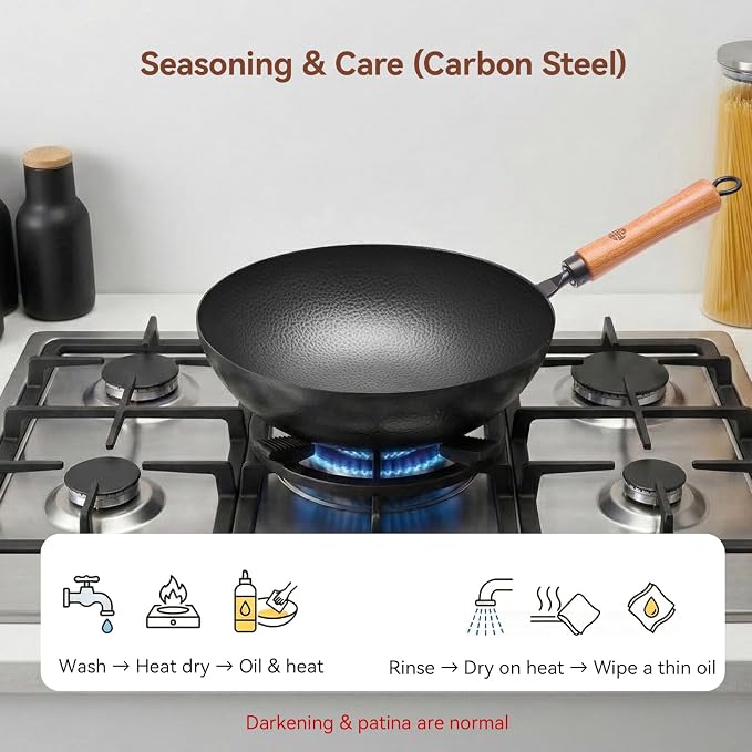 WANGYUANJI 11 Inch Round Bottom Iron Wok, Hand-Hammered Uncoated Wok with Wooden Handle, Traditional Stir-Fry Pan for Gas Stove or Wok Ring, Not for Flat Cooktops