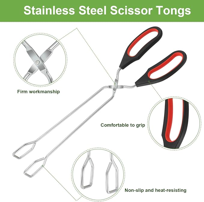 Scissor Tongs 3 Pack, Kitchen Food Tongs 9/11/12 Inch for Cooking Grilling | Flipping, Baking, Bread Serving, BBQ Use, Stainless Steel, Set of 3 Sizes, Easy Grip Handle