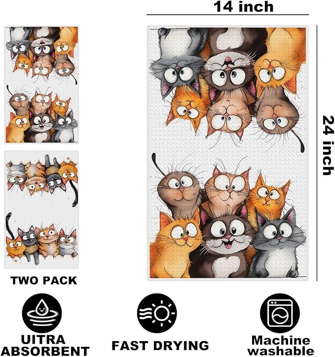 Jztco 2 Pcs Cute Cat Kitchen Towels, Cats Gifts Soft Absorbent Hand Towel