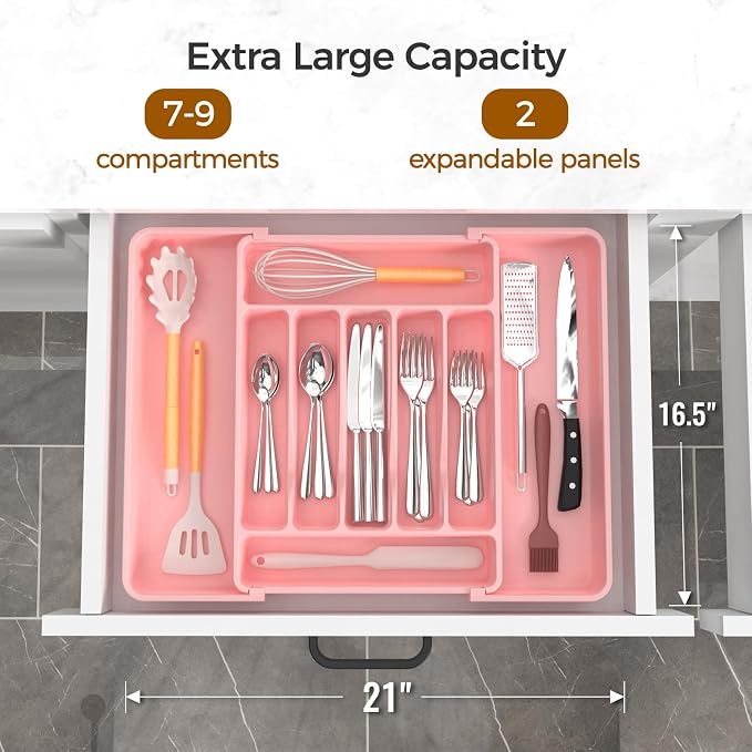 ukeetap Extra Large Expandable Silverware Organizer, Flatware Tray, Pink | BPA-Free Food-Safe Kitchen Utensil Cutlery Drawer Organizer, Adjustable Silverware Holder for Spoons Forks Knives