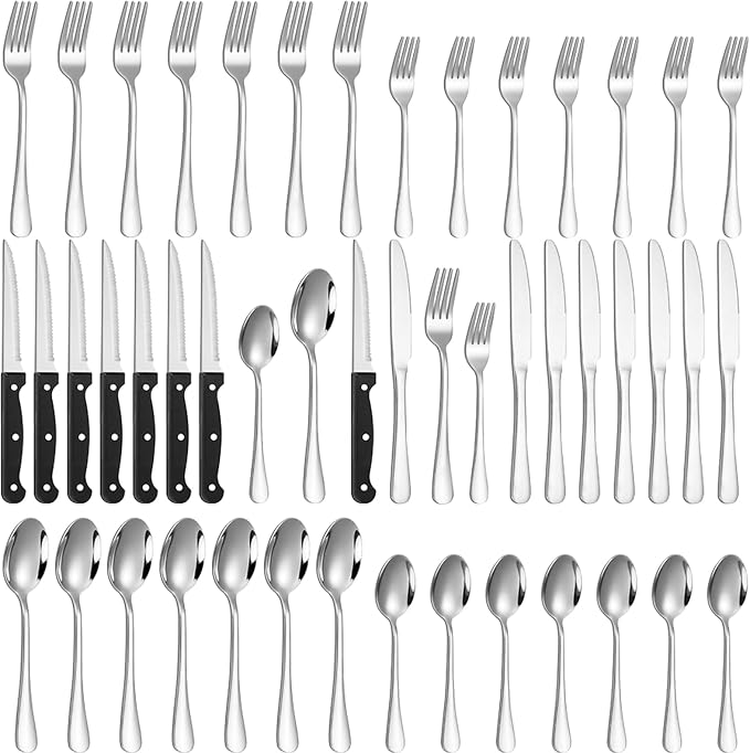 48-Piece Silverware Set for 8 with Steak Knives, Stainless Steel Flatware Set, 18/8 Food Grade Cutlery Set, Mirror Polished, Rust Resistant, Dishwasher Safe, Tableware Set for Home & Restaurant