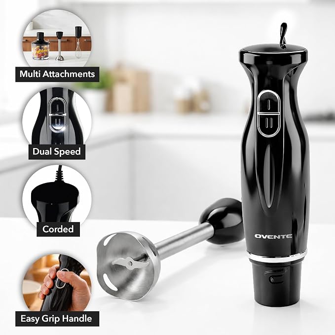 OVENTE Electric Hand Blender Set with 2 Mixing Speeds, 300W Black HS565B | Corded Immersion Handheld Stick Mixer with Stainless Steel Blades, Egg Whisk, Beaker & BPA-Free Food Chopper