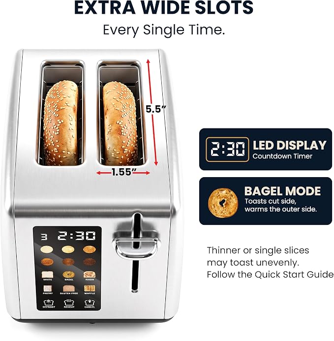 Elite Gourmet 2-Slice Toaster, Digital Countdown, Stainless Steel | One-Touch Presets, Defrost, Reheat & Cancel, Extra-Wide Slots Fit Bagels & Thick Bread