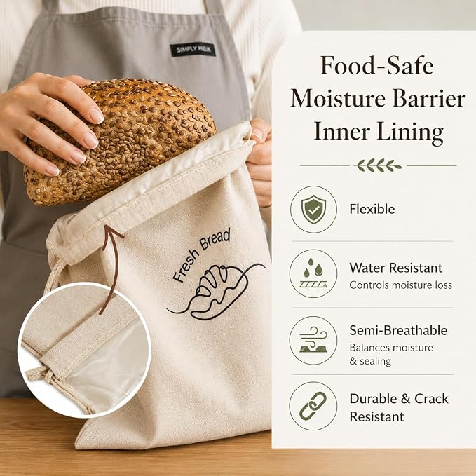 3-Pack Linen Bread Bags for Homemade Bread – Reusable Bread Storage Bags with Inner Lining – 12"x15" Sourdough Bread Bags – Eco-Friendly Baking Supplies & Gifts for Home Bakers by Simply H&K