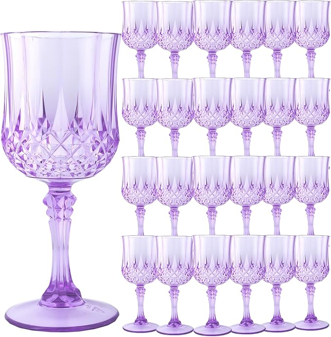 24Pack Plastic Wine Glasses, 7oz Vintage Goblets for Wedding | Unbreakable Crystal Style Reusable Stemware, Elegant Purple Drinking Glass for Party Anniversary & Holiday Celebration