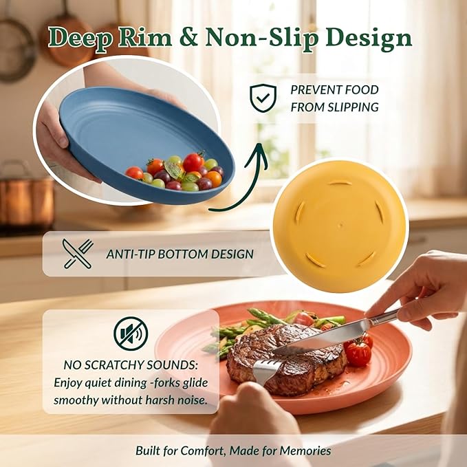 Deep Dinner Plates Set of 8 Alternative for Plastic Plates Microwave and Dishwasher Safe Wheat Straw Plates for Kitchen Unbreakable Salad Plate with 4 Colors (Colorful, 11 inch)