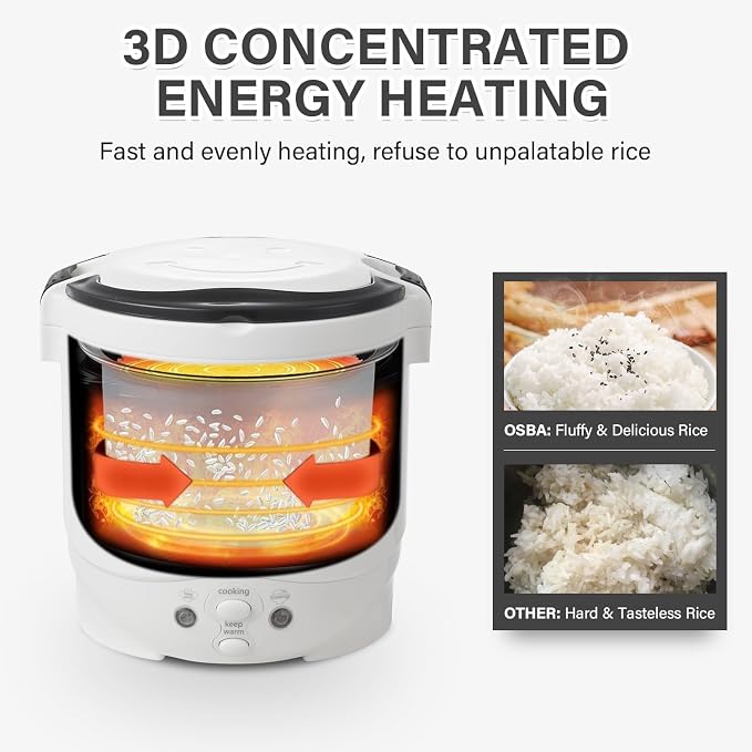 OSBA 12V Rice Cooker for Car 1L Mini Rice Cooker with Steamer, White | 2Cup Portable Travel Rice Cooker for 1-2 People, Cooking Heating & Auto Keeping Warm Function, Used as an Electric Lunch Box