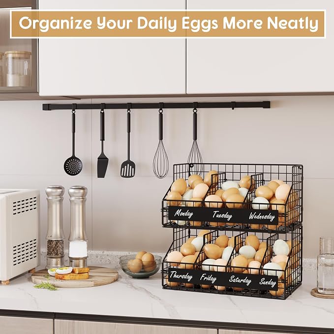 Egg Holder Countertop,Metal Egg Rack with Adjustable Dividers & DIY Labels | 2-Tier Stackable Wire Baskets, XXL Egg Basket for Gathering Fresh Eggs - Wall-Mounted Egg Storage, Chicken Coop Accessories
