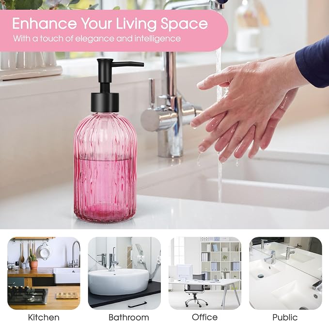 Topsky Stripe Glass Soap Dispenser with Black Plastic Pump, 400ml Liquid Hand Soap Dispenser, Rustproof Pump for Kitchen & Bathroom, Great for Lotions, Essential Oil, Liquid Soaps-Pink