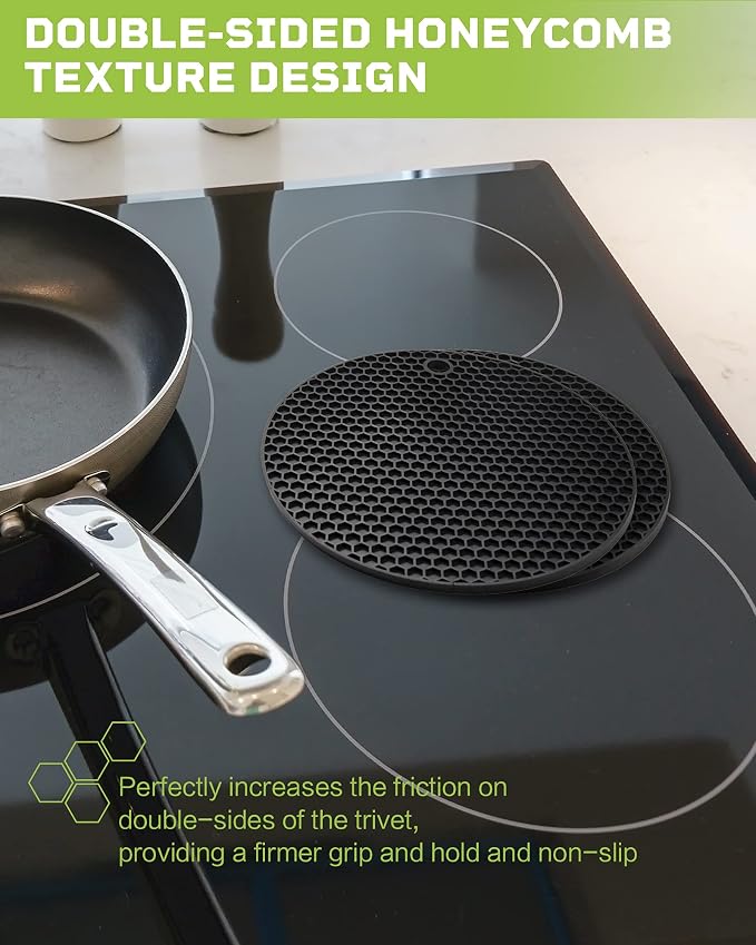 Wapodeai 2pcs Silicone Mats for Kitchen Counter,Pot Holders,Trivet,Hot Pads | Potholders for Kitchens,Trivets for Hot Pots,Flexible & Easy to Wash and Dry (Black)