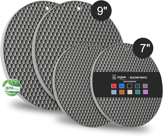 4 Pack Silicone Trivet for Hot Dishes | Heat Resistant Silicone Pot Holders for Kitchen Countertops, Hot Dishes, Jar Opener, Spoon Holder, Easy to Wash and Dry, Grey
