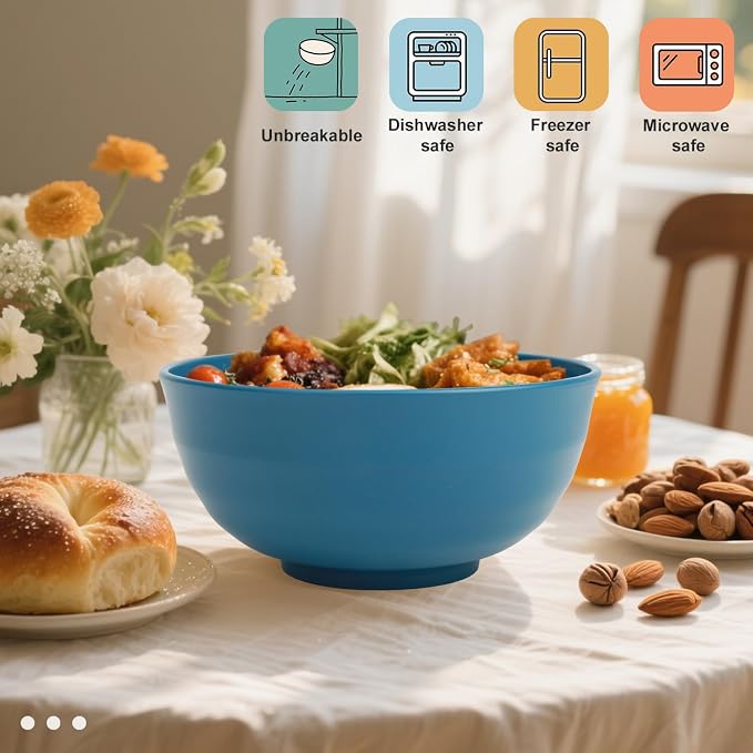 Big Salad Bowls for Kitchen, Premium 60oz Wheat Straw Bowls Set of 6, Unbreakable Cereal Bowls Popcorn Bowls Reusable, Microwave Safe Salad Bowls Large Serving for Fruit,Rice and Oatmeal- Blue
