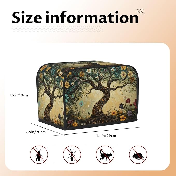 2 Slice Toaster Cover Whimsical Tree Flower Dust Proof Washable Kitchen Appliance Cover with Pocket, Oxford Fabric Countertop Toaster Protector for Standard Toasters Small Appliances