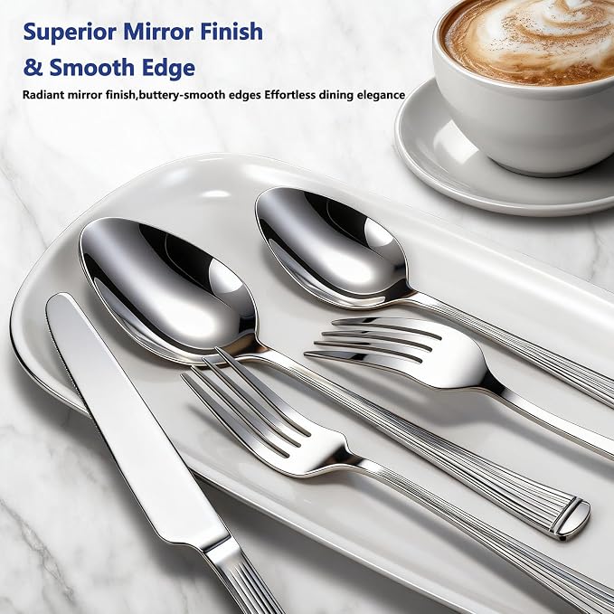 Yoehka 60Piece Hammered Silverware Set,Stainless Steel Flatware Set for 12 | Roman Column Handles, Mirror Polished, Include Spoons/Forks/Knives, For Home, Restaurant, Hotel, Dishwasher Safe