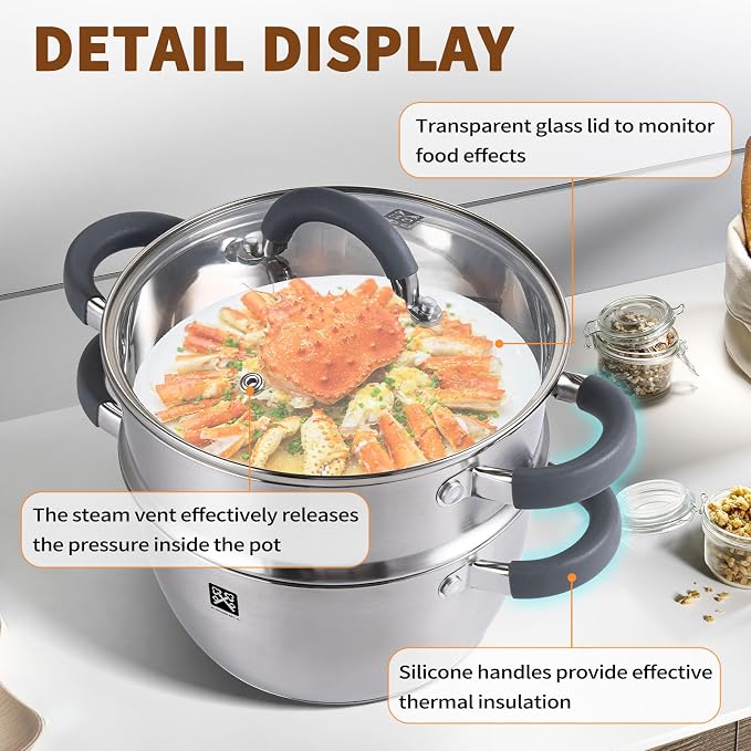GOLDEN KEY 3.2 QT Steamer Pot With Lid - 2-Tier 18/8 Stainless Steel，Multipurpose Steaming Cookware with Vegetable Steam Basket, Oven & Dishwasher Safe, Triple Bottom for Even Heating, Perfect for Dumplings, Seafood and Vegetables