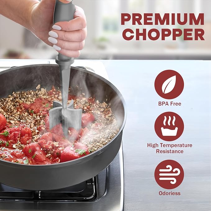 PGYARD Meat Chopper Hamburger Grinder, Kitchen Smasher for Ground Beef | Heat Resistant, 5 Blade, Burger Grinder Nylon Potato Mix Tool, Meat & Poultry Tenderizers, Dishwasher Safe, Grey